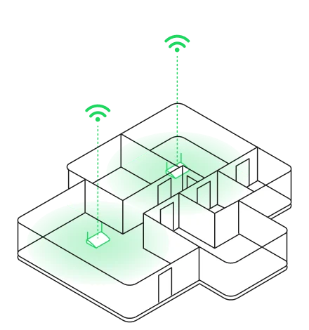 Cut-away drawing of a 3-room HDB flat with two WiFi routers placed in different rooms