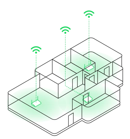 Cut-away drawing of a 4-room HDB flat with three WiFi routers