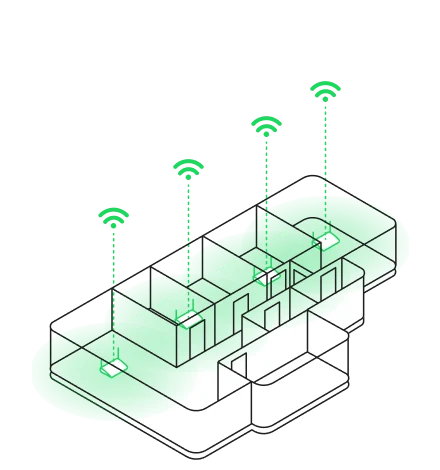 Cut-away drawing of a 5-room HDB flat with four WiFi routers