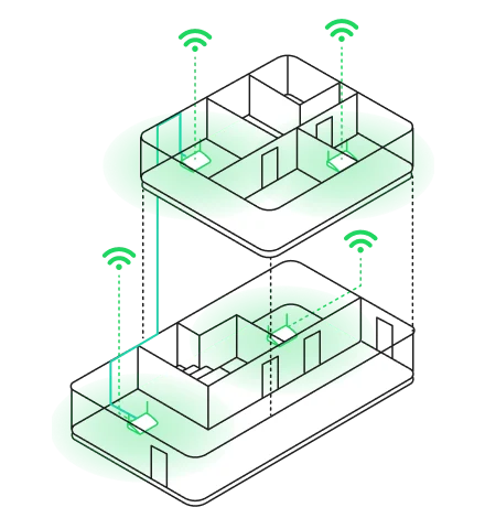 Cut-away drawing of a two-storey landed home with WiFi routers on both floors